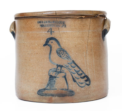 Four-Gallon COWDEN & WILCOX/ HARRISBURG, PA Stoneware Crock w/ Cobalt Bird on Stump