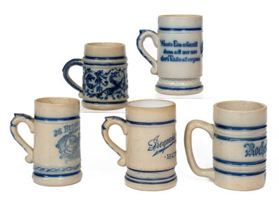 Five Molded Stoneware Mugs with Beverage Advertising, attrib. White s Pottery, Utica, NY