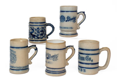 Five Molded Stoneware Mugs with Beverage Advertising, attrib. White s Pottery, Utica, NY