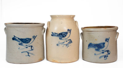 Lot of Three: Stoneware Crocks w/ Bird Decoration attrib. Ballardvale, MA