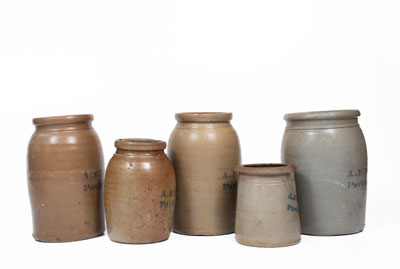 Lot of Five: A. P. Donaghho / Parkersburg, W. VA Stoneware Jars incl. Tophat Canning Jar