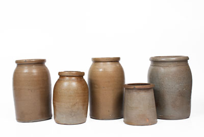 Lot of Five: A. P. Donaghho / Parkersburg, W. VA Stoneware Jars incl. Tophat Canning Jar