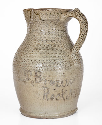 Exceptional Salt-and-Alkaline-Glazed Stoneware Pitcher w/ Profuse Punchwork, Inscribed 