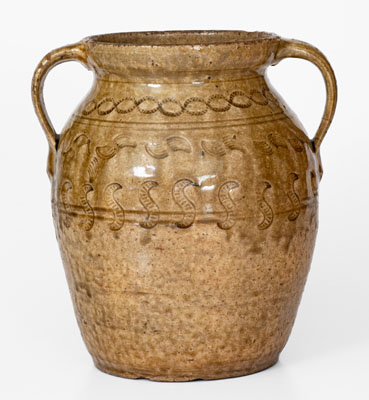 Exceptional Open-Handled Alabama Alkaline-Glazed Stoneware Jar w/ Impressed Decoration