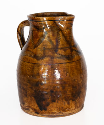 Fine Alkaline-Glazed Sand Mountain, Alabama Stoneware Pitcher w/ Incised Decoration, c1850-80