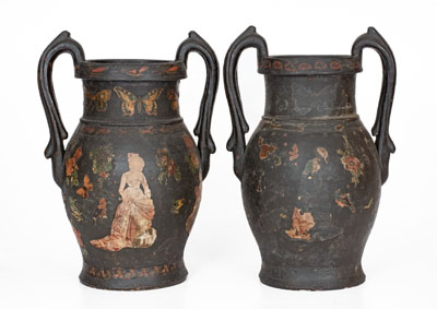 Rare Pair of Decoupaged Redware Vases attrib. Emanuel Suter, Rockingham County, Virginia, circa 1875