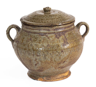 Outstanding Lidded Alabama Alkaline-Glazed Stoneware Jar w/ Impressed Leaf Decoration