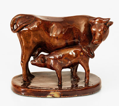 Rockingham-Glazed MONMOUTH POTTERY CO (Illinois) Stoneware Cow Figural, c1893-1906