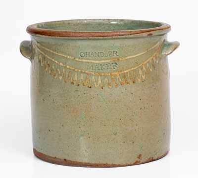 Fine CHANDLER / MAKER Stoneware Cake Crock w/ Kaolin Slip Decoration, Thomas Chandler, Edgefield District, SC, c1850