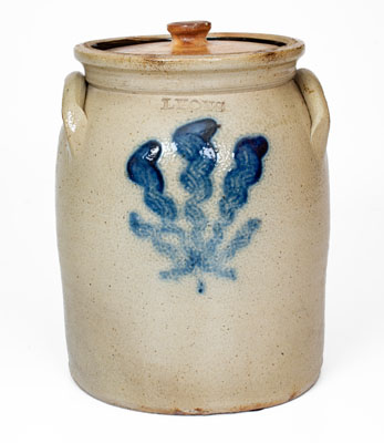 LYONS, New York Lidded Stoneware Jar w/ Cobalt Foliate Decoration, Thompson Harrington, c1860