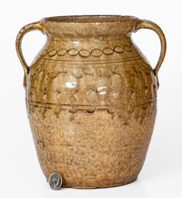 Exceptional Open-Handled Alabama Alkaline-Glazed Stoneware Jar w/ Impressed Decoration