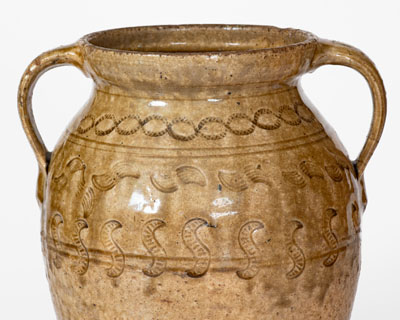 Exceptional Open-Handled Alabama Alkaline-Glazed Stoneware Jar w/ Impressed Decoration