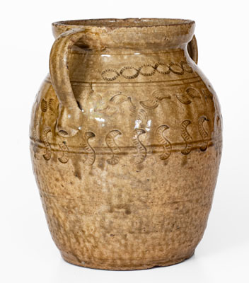 Exceptional Open-Handled Alabama Alkaline-Glazed Stoneware Jar w/ Impressed Decoration