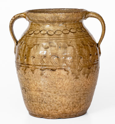 Exceptional Open-Handled Alabama Alkaline-Glazed Stoneware Jar w/ Impressed Decoration