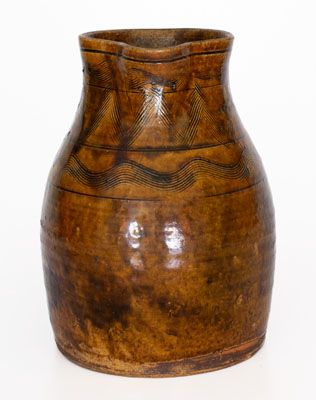 Fine Alkaline-Glazed Sand Mountain, Alabama Stoneware Pitcher w/ Incised Decoration, c1850-80