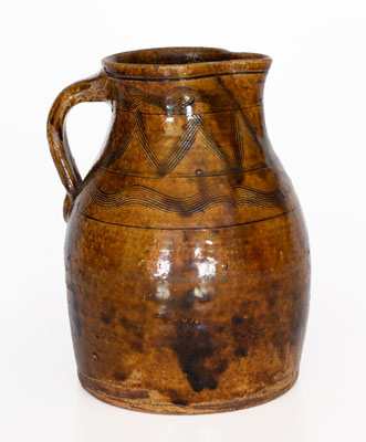 Fine Alkaline-Glazed Sand Mountain, Alabama Stoneware Pitcher w/ Incised Decoration, c1850-80