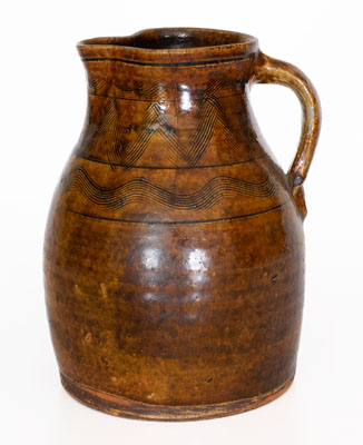 Fine Alkaline-Glazed Sand Mountain, Alabama Stoneware Pitcher w/ Incised Decoration, c1850-80