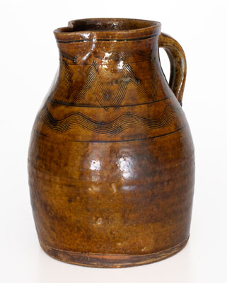 Fine Alkaline-Glazed Sand Mountain, Alabama Stoneware Pitcher w/ Incised Decoration, c1850-80