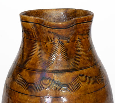 Fine Alkaline-Glazed Sand Mountain, Alabama Stoneware Pitcher w/ Incised Decoration, c1850-80