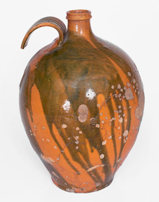 Exceptional Copper-Decorated Redware Jug attrib. Christopher Alexander Haun, Greene County, TN, c1840-1860