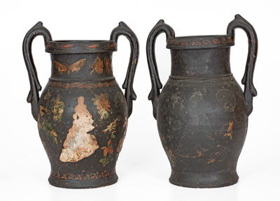 Rare Pair of Decoupaged Redware Vases attrib. Emanuel Suter, Rockingham County, Virginia, circa 1875