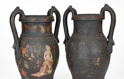 Rare Pair of Decoupaged Redware Vases attrib. Emanuel Suter, Rockingham County, Virginia, circa 1875