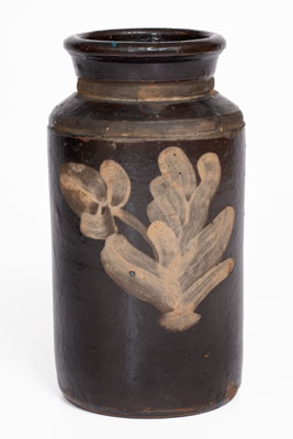 Rare Stoneware Canning Jar w/ White-Slip Floral Decoration attrib. Samuel Routson, Wooster, Ohio