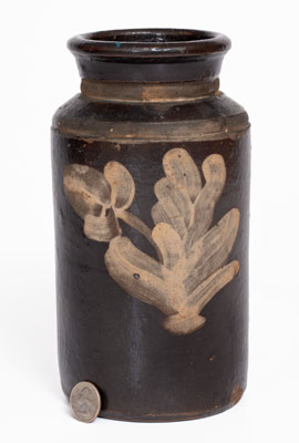 Rare Stoneware Canning Jar w/ White-Slip Floral Decoration attrib. Samuel Routson, Wooster, Ohio