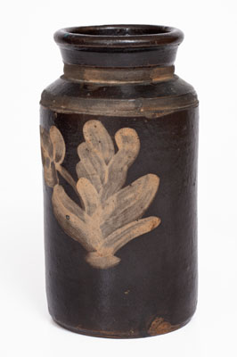 Rare Stoneware Canning Jar w/ White-Slip Floral Decoration attrib. Samuel Routson, Wooster, Ohio