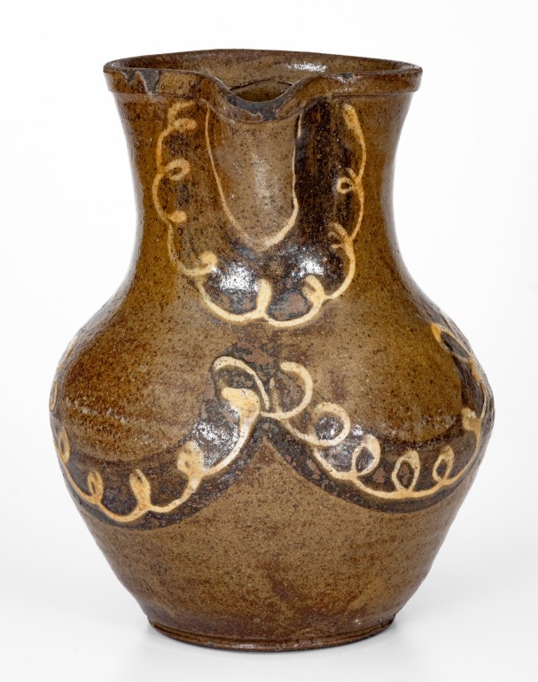 Attrib. Phoenix Factory, Shaws Creek, Edgefield District, SC Alkaline-Glazed Stoneware Pitcher w/ Two-Color Slip Decoration