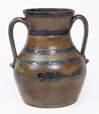 314. Pottery,Jar,Stoneware- Open Handles/Cobalt Decorated (630)