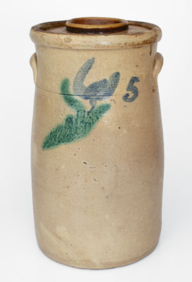 Extremely Rare Five-Gallon Stoneware Churn w/ Two-Color-Slip Floral Decoration, possibly Arkansas origin