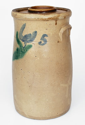 Extremely Rare Five-Gallon Stoneware Churn w/ Two-Color-Slip Floral Decoration, possibly Arkansas origin