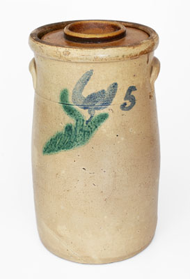 Extremely Rare Five-Gallon Stoneware Churn w/ Two-Color-Slip Floral Decoration, possibly Arkansas origin