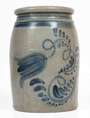 Fine Greensboro or New Geneva, Pennsylvania Stoneware Jar w/ Elaborate Cobalt Floral Decoration