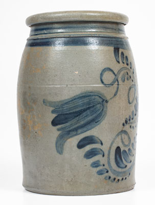 Fine Greensboro or New Geneva, Pennsylvania Stoneware Jar w/ Elaborate Cobalt Floral Decoration