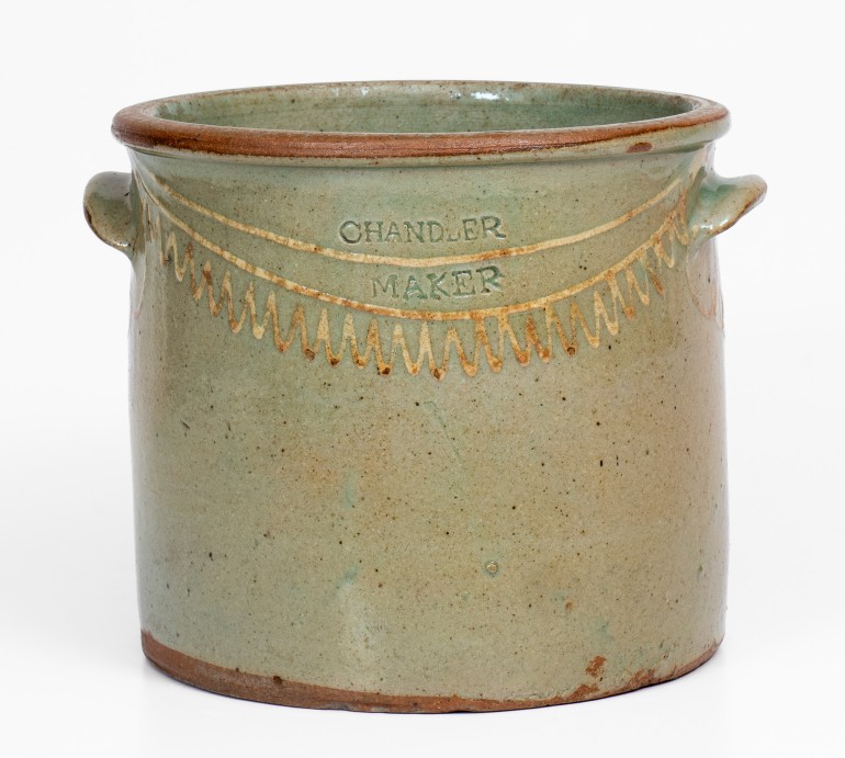 CHANDLER / MAKER (Thomas Chandler, Edgefield District, SC), Alkaline-Glazed Stoneware Cake Crock with Kaolin Slip Decoration, c1850