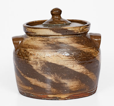 REINHARDT BROS. / VALE, N.C. Stoneware Swirl Bean Pot w/ Lid, circa 1930