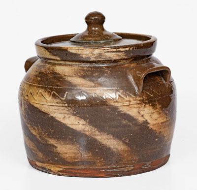 REINHARDT BROS. / VALE, N.C. Stoneware Swirl Bean Pot w/ Lid, circa 1930