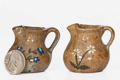 Two Miniature HILTON Stoneware Pitchers w/ Floral Motifs, Catawba County, NC, circa 1940