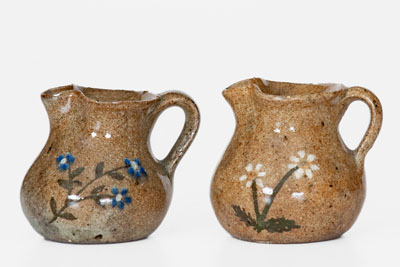 Two Miniature HILTON Stoneware Pitchers w/ Floral Motifs, Catawba County, NC, circa 1940