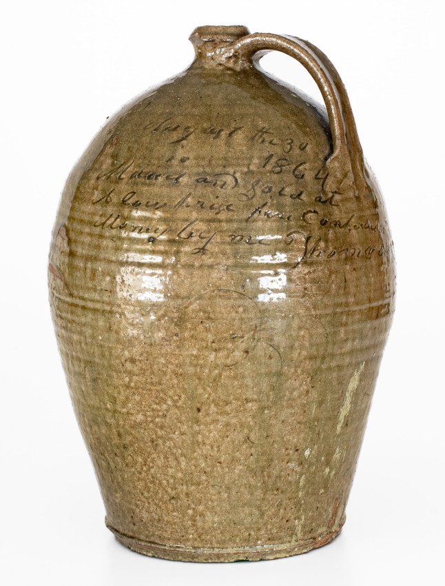 Highly Important Thomas Owenby, Union District, SC 1864 Stoneware Jug: Made and Sold at a Low Price for Confederate Money