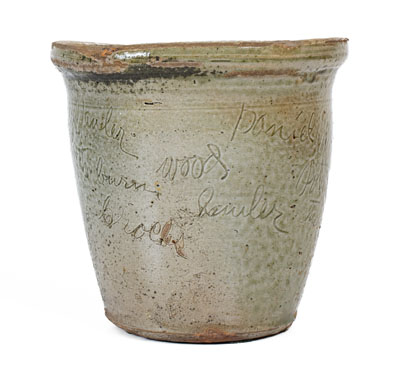 Possibly Unique Stoneware Jar w/ Elaborate Incised Inscription, Daniel Mayner at the Moses P. Harmon Pottery, Greene County, TN