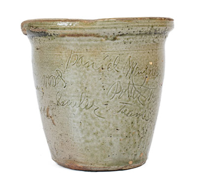 Possibly Unique Stoneware Jar w/ Elaborate Incised Inscription, Daniel Mayner at the Moses P. Harmon Pottery, Greene County, TN