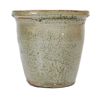 Possibly Unique Stoneware Jar w/ Elaborate Incised Inscription, Daniel Mayner at the Moses P. Harmon Pottery, Greene County, TN