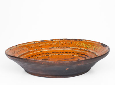 Exceptional Pennsylvania Redware Bowl w/ Elaborate Four-Color-Slip Decoration and Pennsylvania-German Inscription