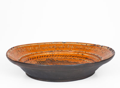 Exceptional Pennsylvania Redware Bowl w/ Elaborate Four-Color-Slip Decoration and Pennsylvania-German Inscription