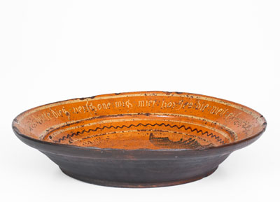 Exceptional Pennsylvania Redware Bowl w/ Elaborate Four-Color-Slip Decoration and Pennsylvania-German Inscription