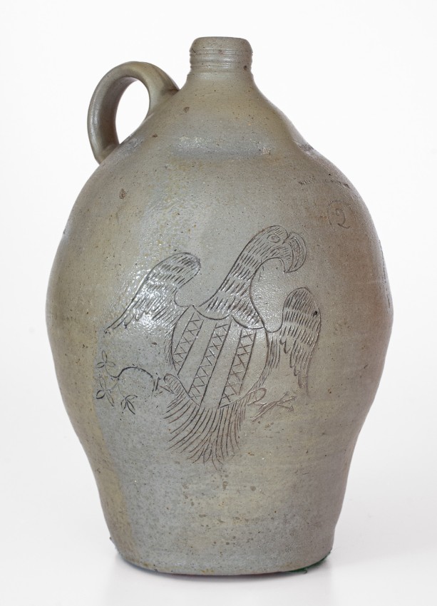 Exceedingly Rare and Important WHEELING POTTERY Stoneware Jug w/ Incised Eagle and Bird Motifs, VA (now WV), c1817