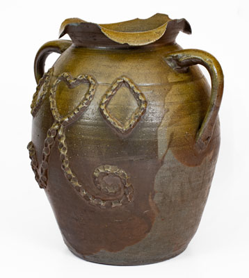 Exceptional Salt-Glazed Stoneware Jar w/ Applied Decoration, attrib. Hedgecough Pottery, Putnam County, TN